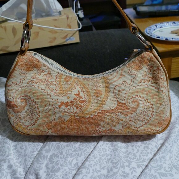 BANANA REPUBLIC Pink/Coral Cotton w/Leather Trim Zippered Small Handbag/Purse - Picture 8 of 16